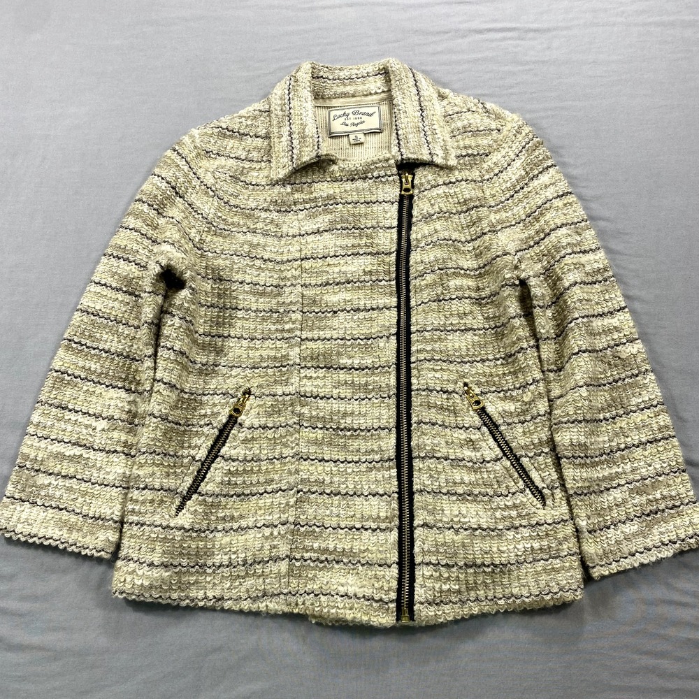Lucky Brand Sweater Womens Small Beige Full Zip Pockets Career Knit Jacket Crop